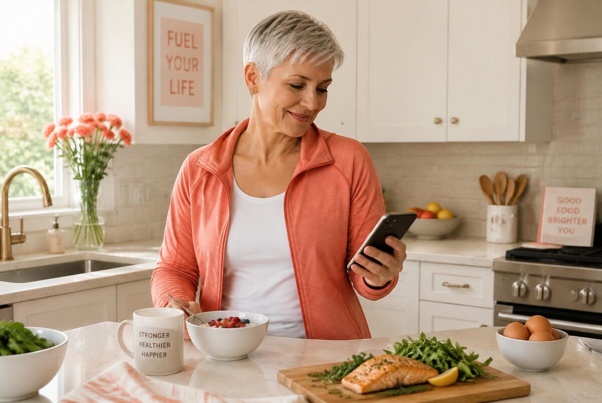 Woman with silver hair checking her protein on her phone beside a high-protein meal