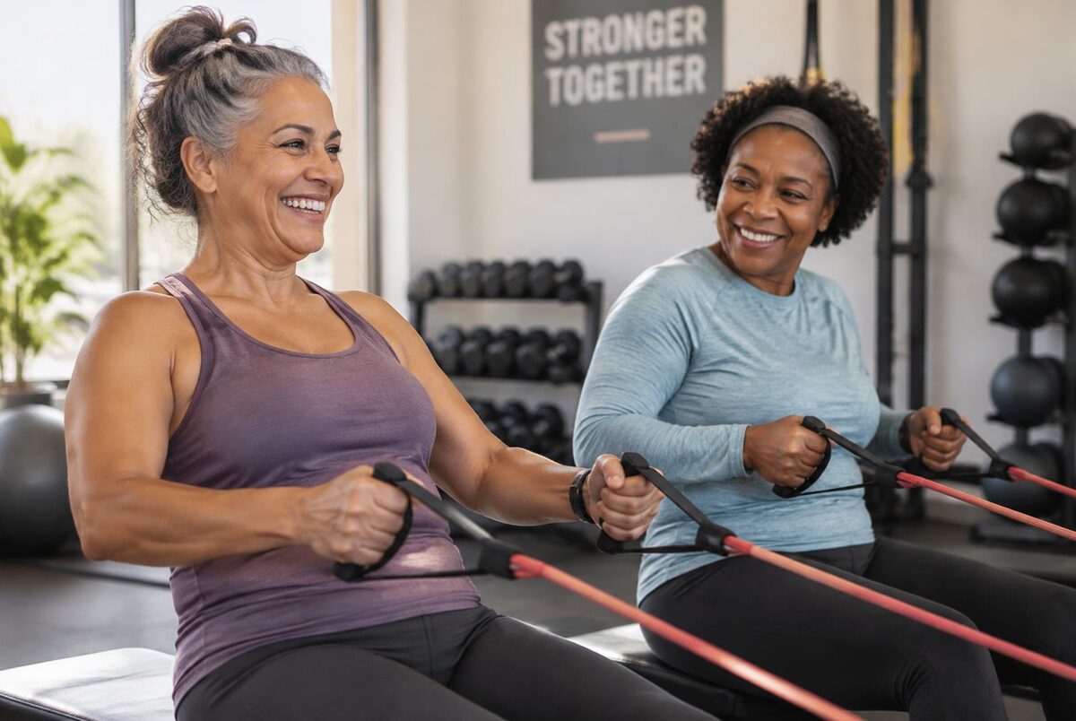 Two women in their fifties doing resistance band rows together